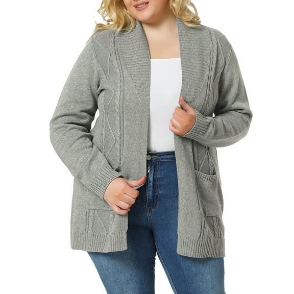 GRACE & GRANDEUR Women's Plus Size Open Front Long Sleeves Sweater Mid Length Cardigan 3X Light Grey