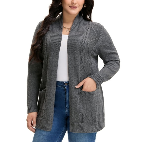 GRACE & GRANDEUR Women's Plus Size Open Front Long Sleeves Sweater Mid Length Cardigan 4X Grey