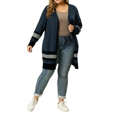 Agnes Orinda Women's Plus Size Open Front Striped Sweater Cardigan 2X Navy Blue