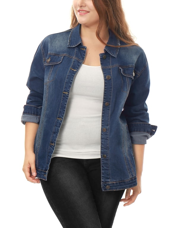 Women's Plus Size School College Jean Jacket Stitching Button Washed Denim Outerwear Coat 2X Blue