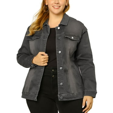 MODA NOVA Juniors Plus Size Long Sleeve Button Down Jean Denim Jacket with Pockets 3X Grey