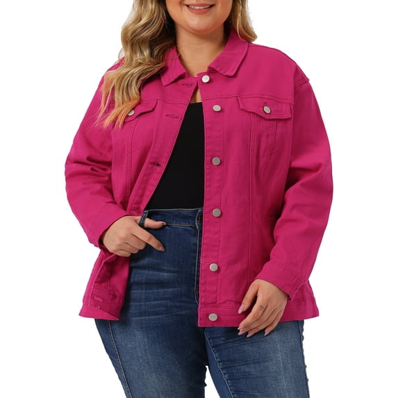 Agnes Orinda Women's Plus Size Jean Jacket Stitching Button Washed Denim Outerwear Coat 3X Hot Pink