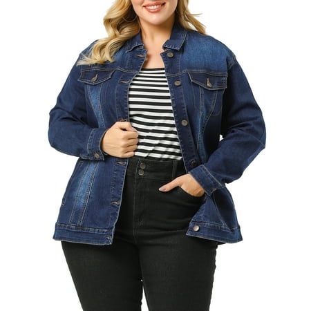 Agnes Orinda Women's Plus Size Jean Jacket Stitching Button Washed Denim Outerwear Coat 4X Dark Blue