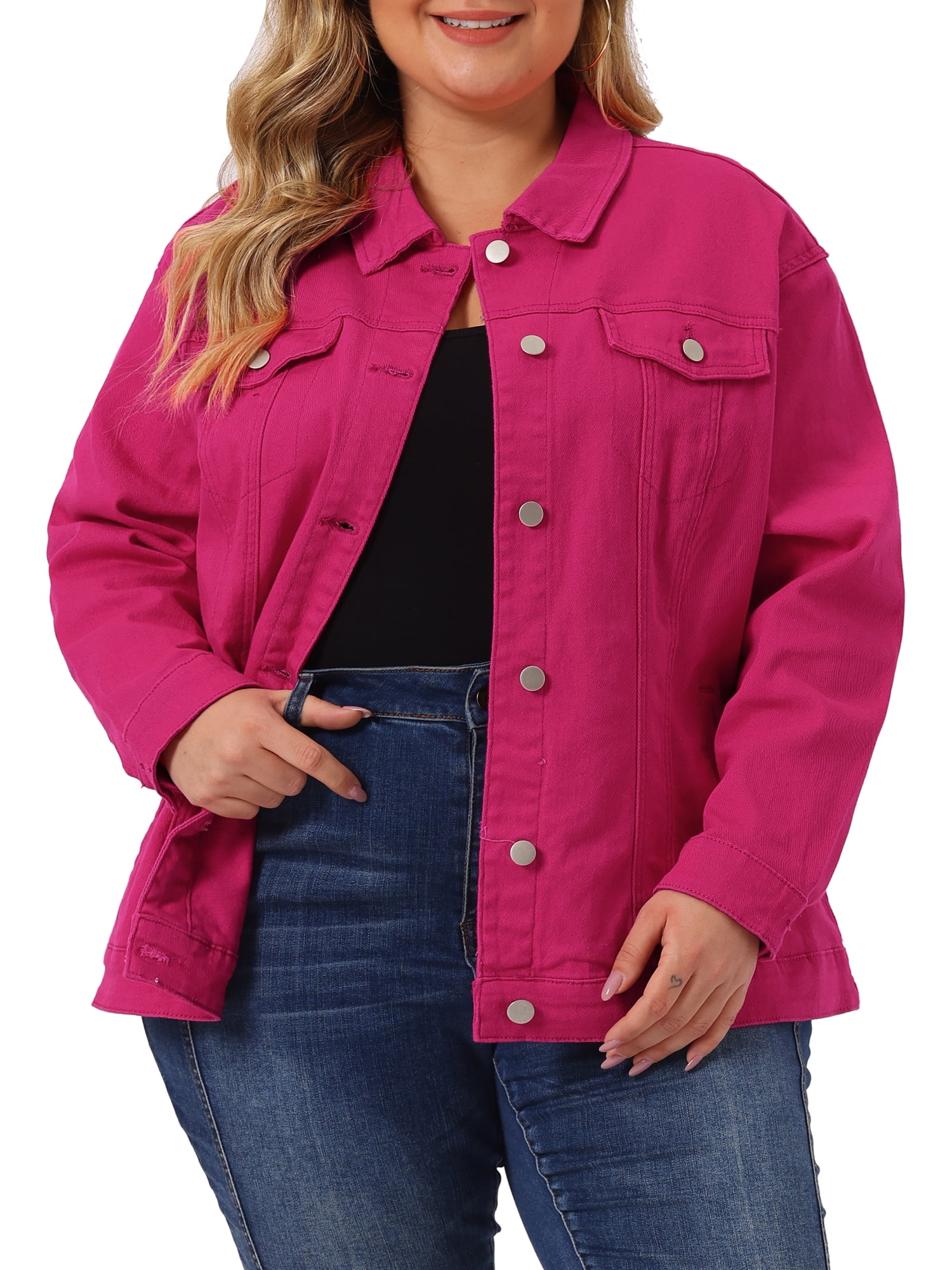 Agnes Orinda Women's Plus Size Jean Jacket Stitching Button Washed
