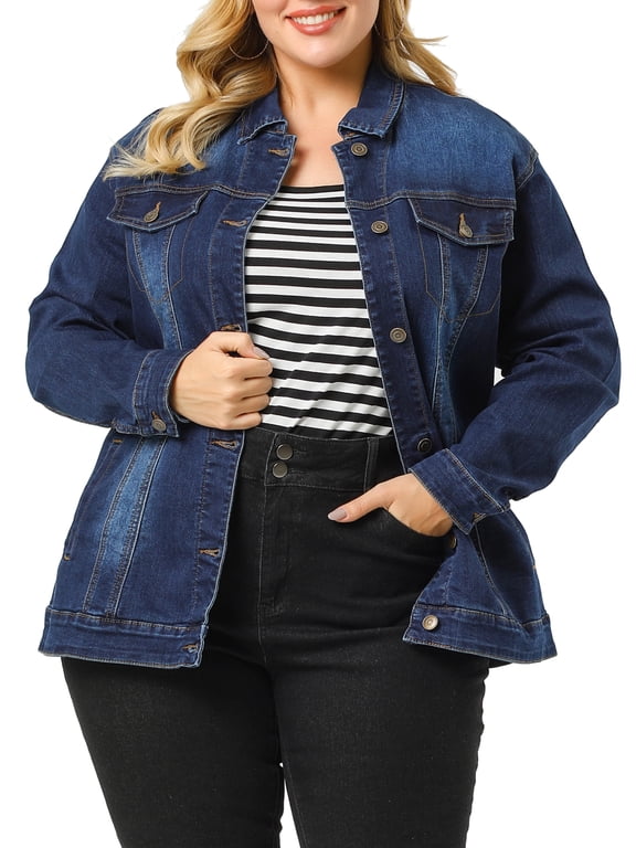 Women's Plus Size School College Jean Jacket Stitching Button Washed Denim Outerwear Coat 5X Dark Blue