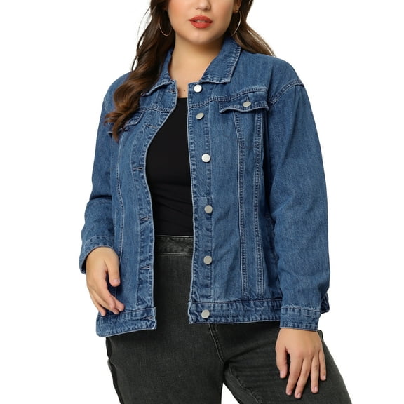 Agnes Orinda Women's Plus Size Jean Jacket Stitching Button Washed Denim Outerwear Coat 5X Denim Blue