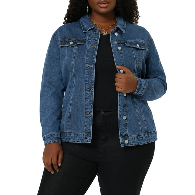 Agnes Orinda Women's Plus Size Outerwear Button Front Washed Denim Jean Jacket L Snow Blue