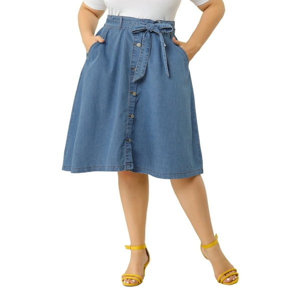 Agnes Orinda Women's Plus Size Outfits Fashion Tie Waist A Line Midi Denim Skirt 1X Blue