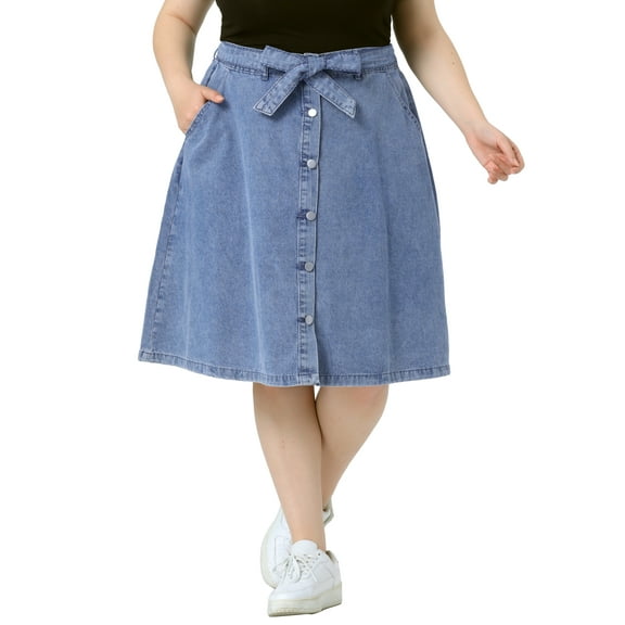 Agnes Orinda Women's Plus Size Outfits Fashion Tie Waist A Line Midi Denim Skirt 2X Grey Blue