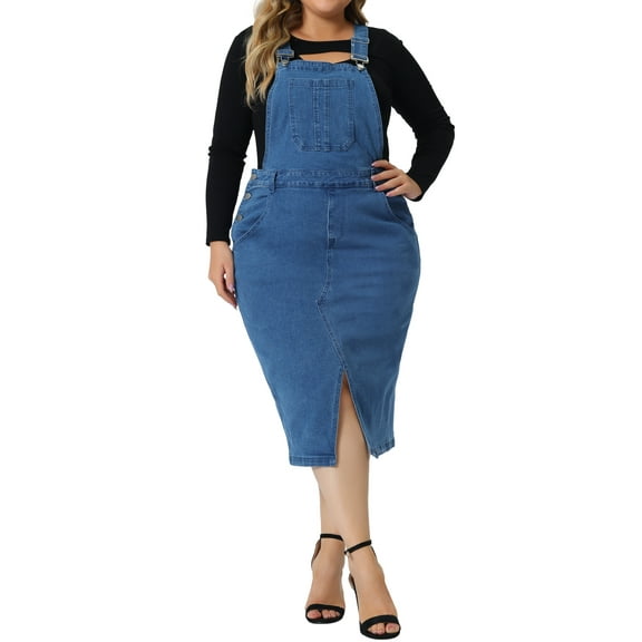 Agnes Orinda Women's Plus Size Overall Dress Classic Adjustable Straps Above Knee Slit Hem Denim Dresses