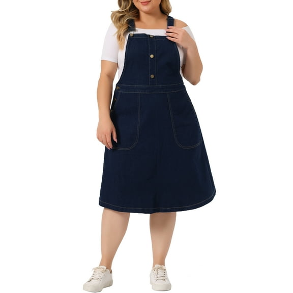 Agnes Orinda Women's Plus Size Overall Dresses Button Up Adjustable Strap Denim Midi Dress