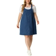 GRACE & GRANDEUR Women's Plus Size Overall Dresses Casual Midi Denim Skirts 1X Dark Blue