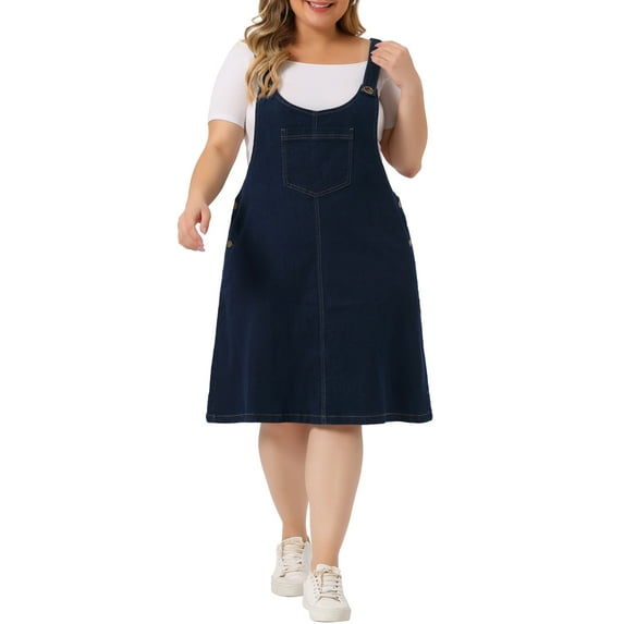 GRACE & GRANDEUR Women's Plus Size Sleeveless Overall Skirt Casual Summer Midi Denim Dresses with Pockets 3X Black Blue