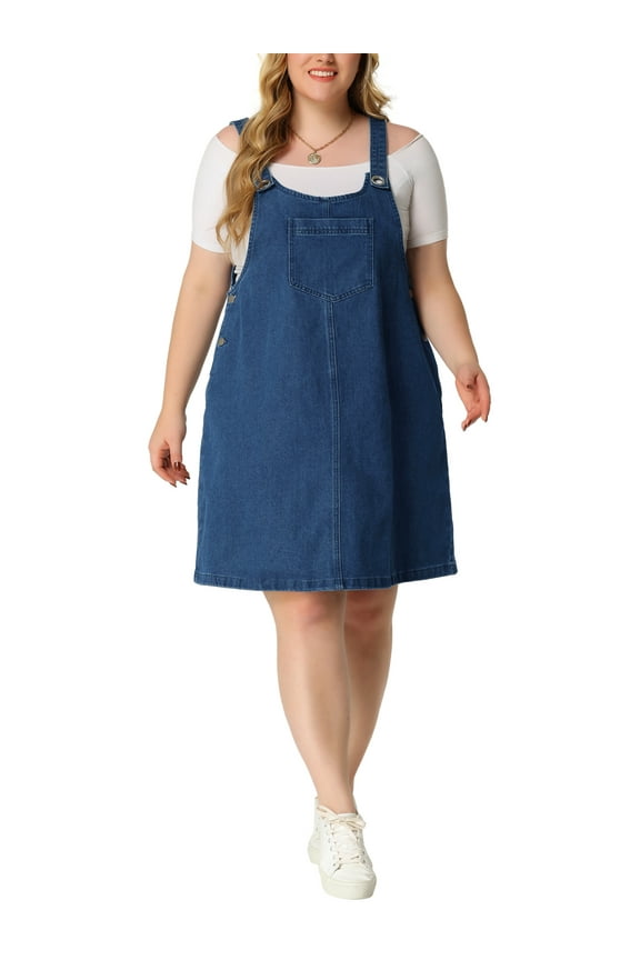 Women's Plus Size Easter Sleeveless Overall Skirt Casual Summer Midi Denim Dresses with Pockets 3X Dark Blue