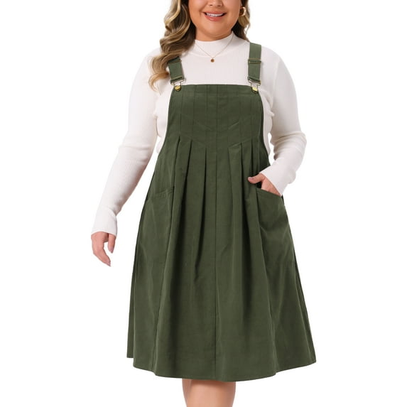 Agnes Orinda Women's Plus Size Pleated Adjustable Straps Casual Jumper Overall Corduroy Pinafore Suspender Dresses with Pockets 2X Army Green