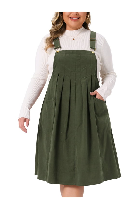 Women's Plus Size St. Patrick's Day Pleated Adjustable Straps Casual Jumper Overall Corduroy Pinafore Suspender Dresses with Pockets 2X Army Green