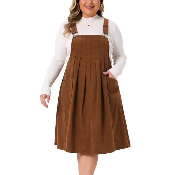 Agnes Orinda Women's Plus Size Pleated Adjustable Straps Casual Jumper Overall Corduroy Pinafore Suspender Dresses with Pockets 3X Brown