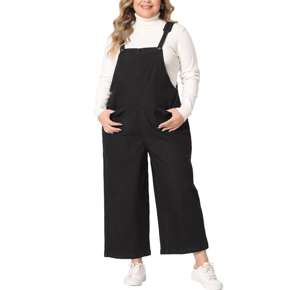 Agnes Orinda Women's Plus Size Overalls Pants Denim Bib Casual Stretch Adjustable Suspenders Jumpsuit 2X Black