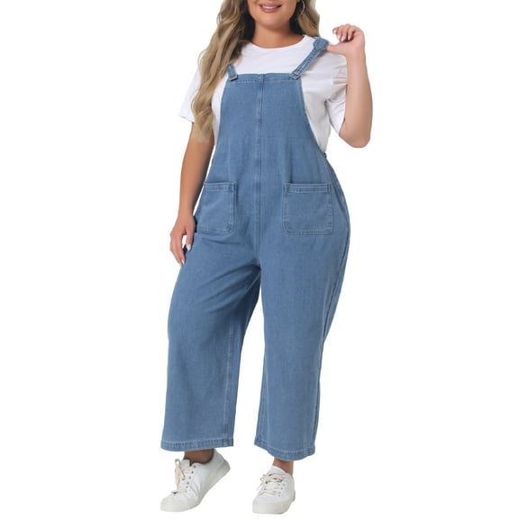 Agnes Orinda Women's Plus Size Overalls Pants Denim Bib Casual Stretch Adjustable Suspenders Jumpsuit 2X Light Blue