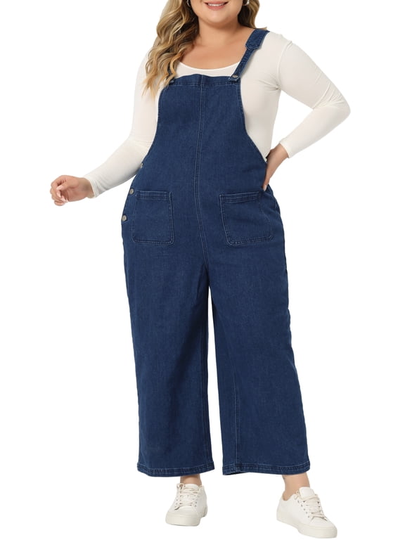Women's Plus Size Overalls Pants Denim Bib Casual Stretch Adjustable Suspenders Jumpsuit 4X Dark Blue