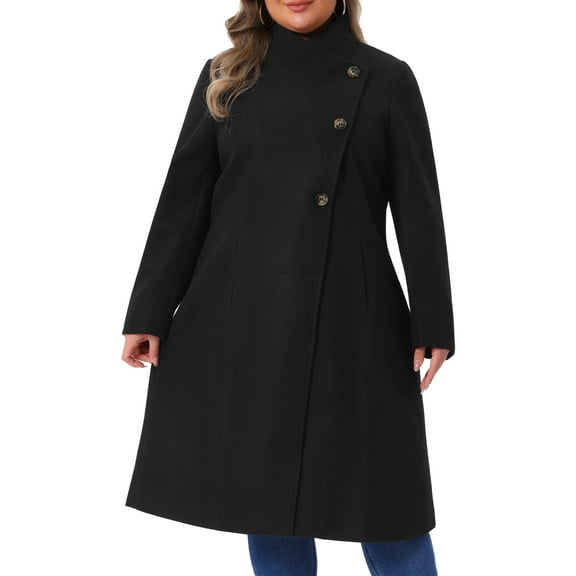 Agnes Orinda Women's Plus Size Overcoat Classic Stand Collar Long Sleeve Back Split Winter Long Coat with Pockets 4X Black