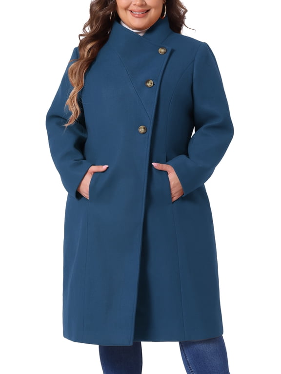 Women's Plus Size Overcoat Classic Stand Collar Long Sleeve Back Split Winter Long Coat with Pockets 4X Blue