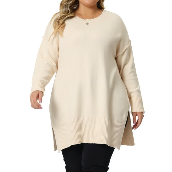 Agnes Orinda Women's Plus Size Sweater Crew Neck Long Sleeves Side Slits Knit Pullover Oversized Sweaters 2X Apricot