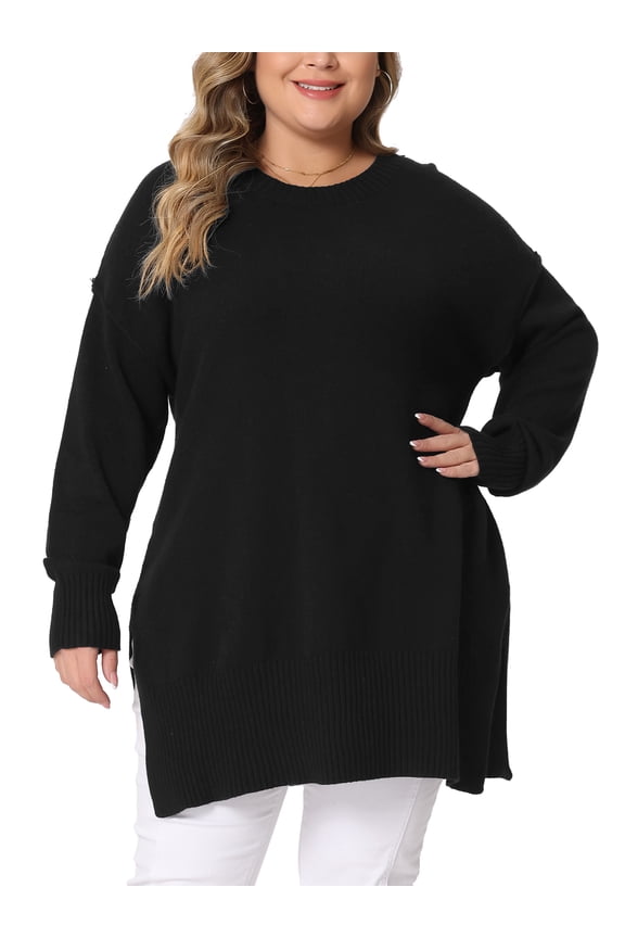 Women's Plus Size Sweater Crew Neck Long Sleeves Side Slits Knit Pullover Oversized Sweaters 2X Black