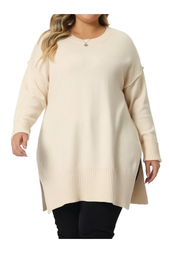 Women's Plus Size Sweater Crew Neck Long Sleeves Side Slits Knit Pullover Oversized Sweaters 4X Apricot