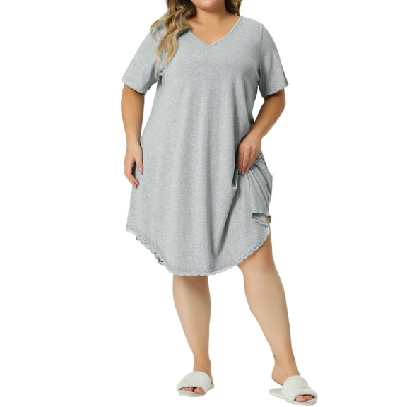 Agnes Orinda Women's Plus Size Pajama Dress for V Neck Lace Trim Hem Loose Tshirt Nightgown Sleepwear Light Gray 2X