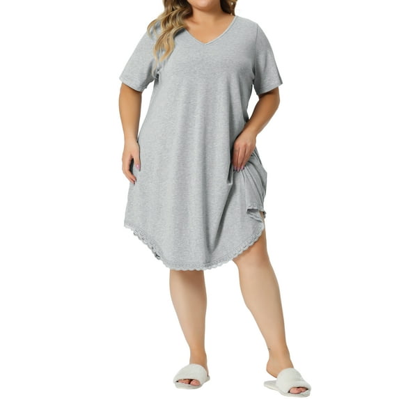 Agnes Orinda Women's Plus Size Pajama Dress for V Neck Lace Trim Hem Loose Tshirt Nightgown Sleepwear