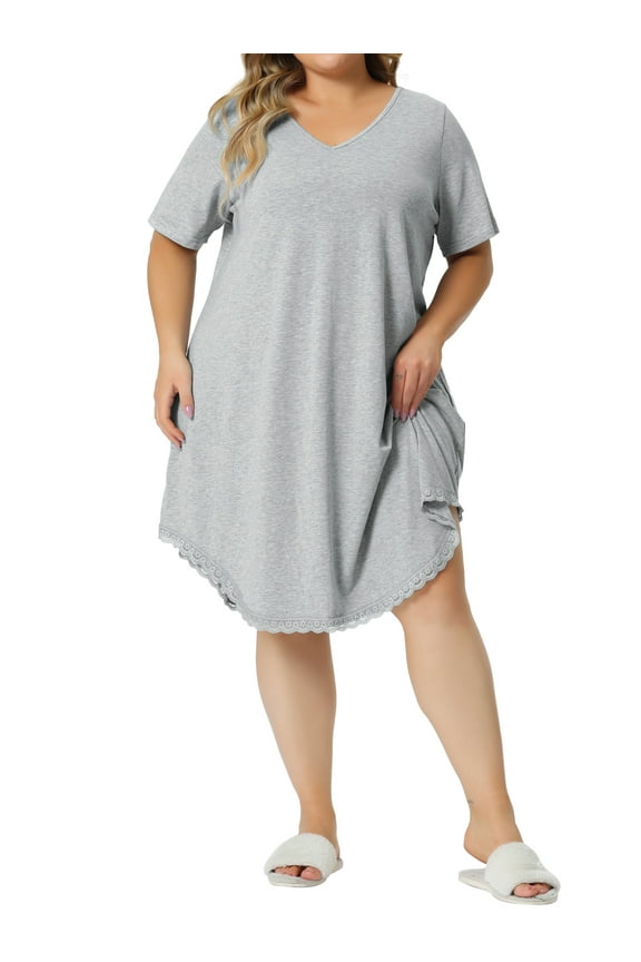 Women's Plus Size Pajama Dress for V Neck Lace Trim Hem Loose Tshirt Nightgown Sleepwear Light Gray 2X