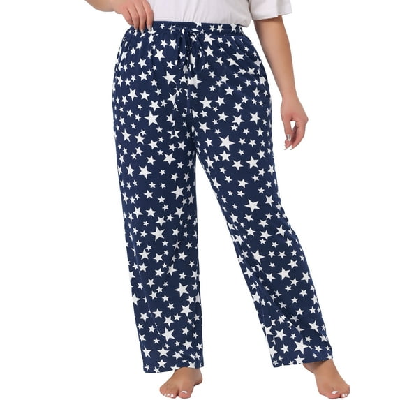 Agnes Orinda Women's Plus Size Pajama Pant Star Print Nightwear with Pocket Comfy Lounge Pants 1X Navy Blue