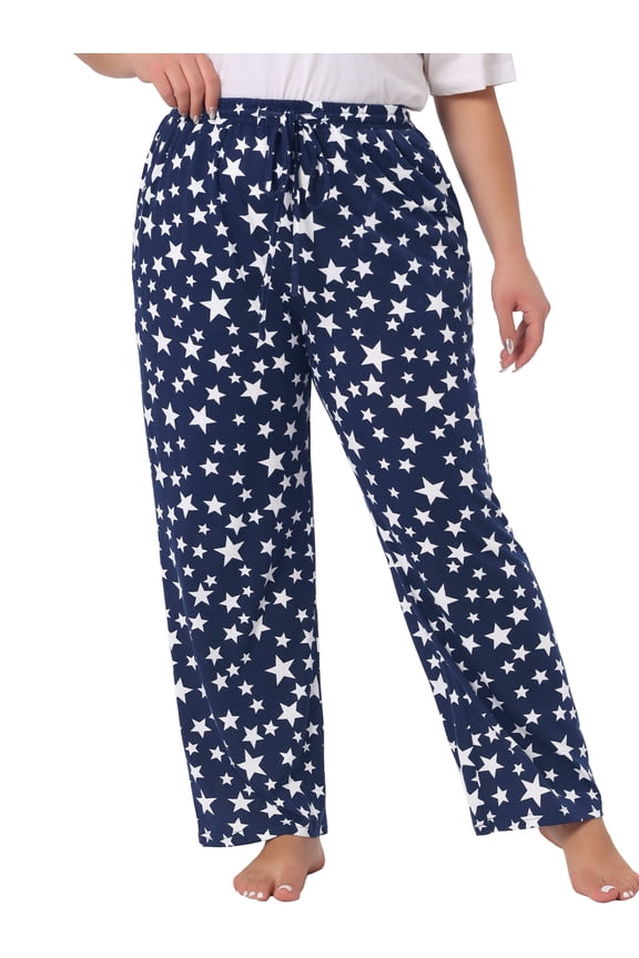 Women's Plus Size Pajama Pant Star Print Nightwear with Pocket Comfy Lounge Pants 1X Navy Blue