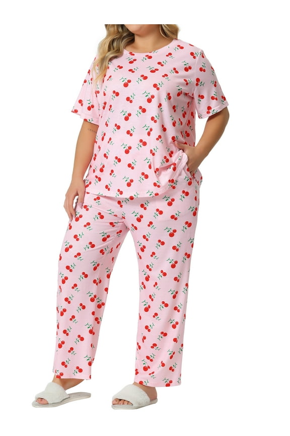 Women's Plus Size 2 Piece Pajama Sets Cherry Print Round Neck Short Sleeve Top ang Long Pant Elastic Waist Lounge Home Sleepwear with Pocket 1X Pink