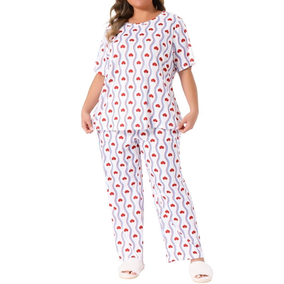 Agnes Orinda Women's Plus Size 2 Piece Pajama Sets Cherry Print Round Neck Short Sleeve Top ang Long Pant Elastic Waist Lounge Home Sleepwear with Pocket 1X White