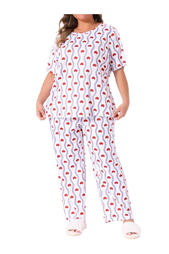 Women's Plus Size 2 Piece Pajama Sets Cherry Print Round Neck Short Sleeve Top ang Long Pant Elastic Waist Lounge Home Sleepwear with Pocket 4X White