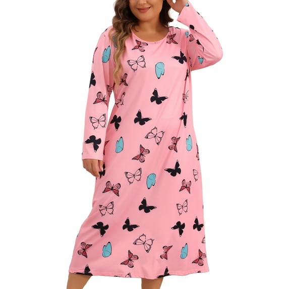 Agnes Orinda Women's Plus Size Valentines Day Pajamas Crew Neck Long Sleeve Sleep Dress Casual Nightgown Sleepwear 1X Pink