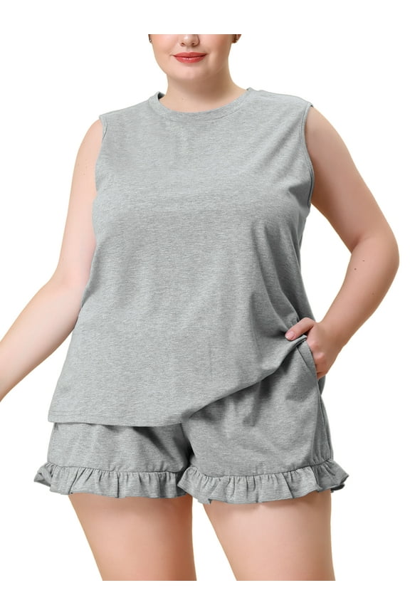 Women's Plus Size 2 Piece Sleepwear Comfy Ruffle Sleeveless Tank Top with Shorts Pajamas Set 1X Gray