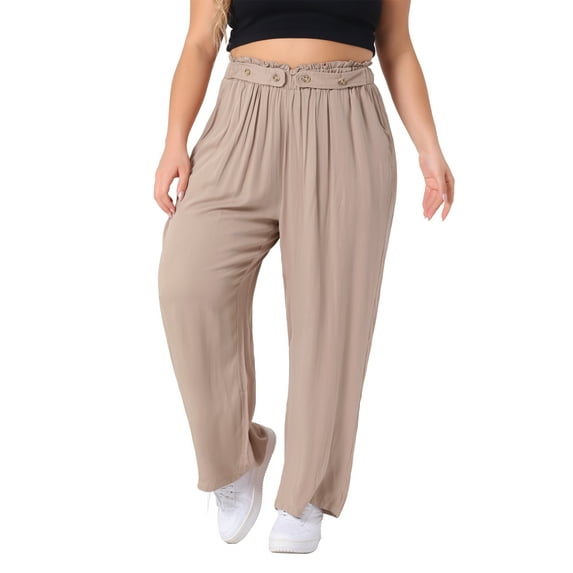 Agnes Orinda Women's Plus Size Palazzo Pants Stretchy High Waisted Wide Leg Pants with Pocket 4X Khaki