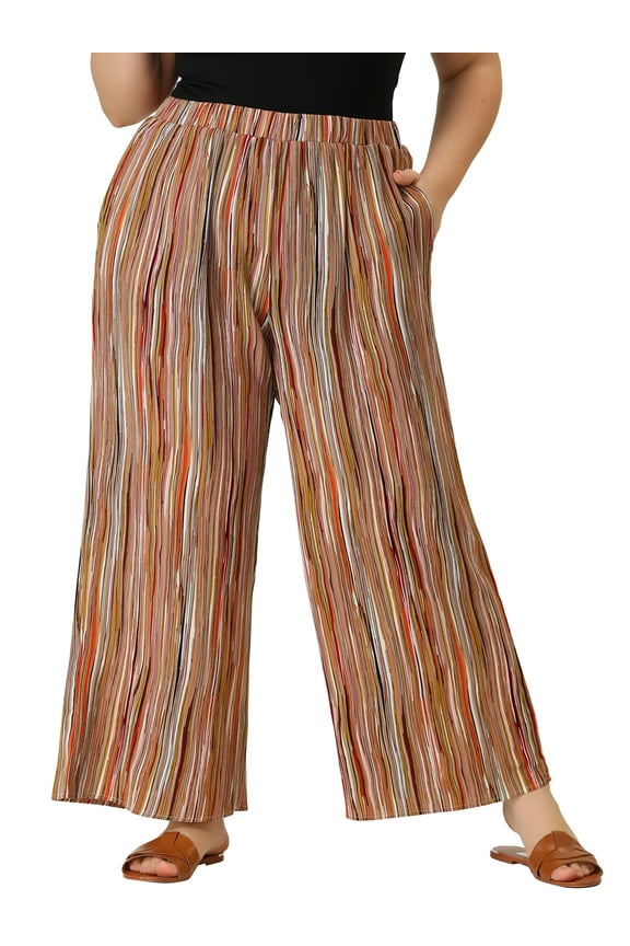 Women's Plus Size Palazzo Pants Stripe Boho Wide Leg Paper Bag Pant Beach Casual Summer Trousers 2X Brown