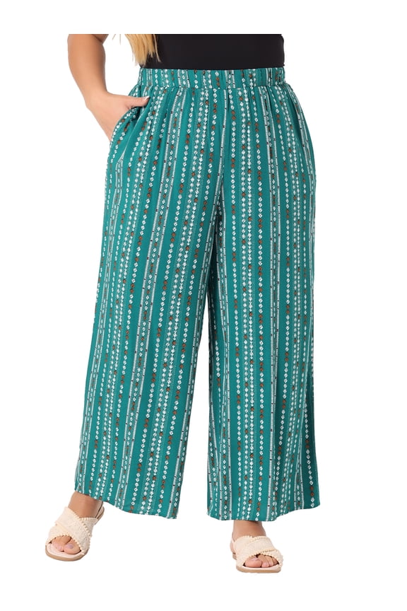 Women's Plus Size Palazzo Pants Stripe Boho Wide Leg Paper Bag Pant Beach Casual Summer Trousers 2X Lake Blue