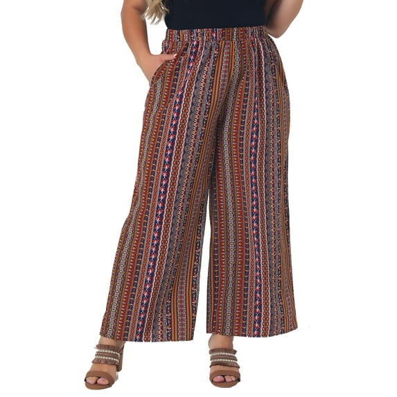 Agnes Orinda Women's Plus Size Palazzo Pants Stripe Boho Wide Leg Paper Bag Pant Beach Casual Summer Trousers 2X Red Brown