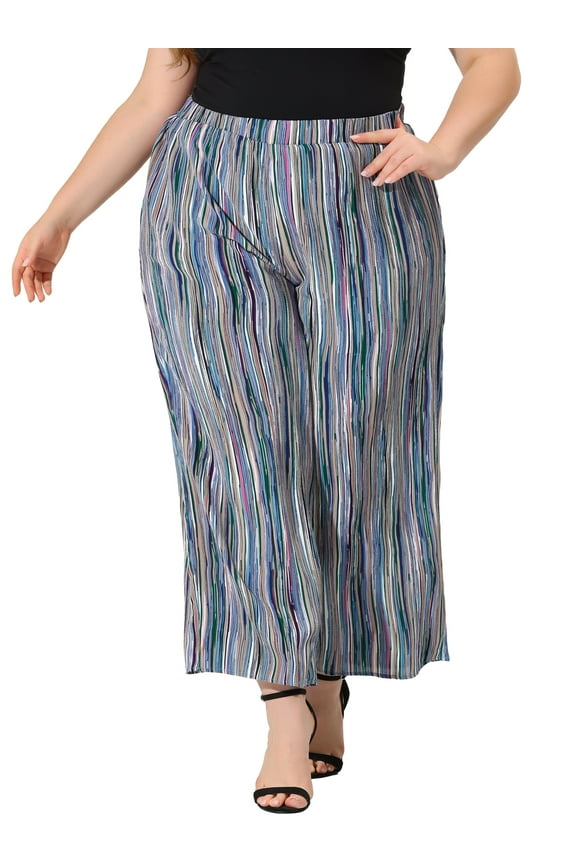 Women's Plus Size Palazzo Pants Stripe Boho Wide Leg Paper Bag Pant Beach Casual Summer Trousers 3X Blue