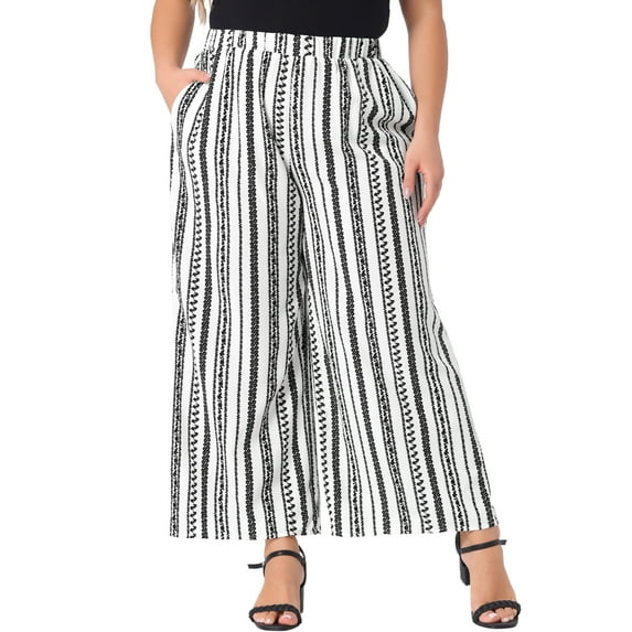 Agnes Orinda Women's Plus Size Palazzo Pants Stripe Boho Wide Leg Paper Bag Pant Beach Casual Summer Trousers 3X White Black
