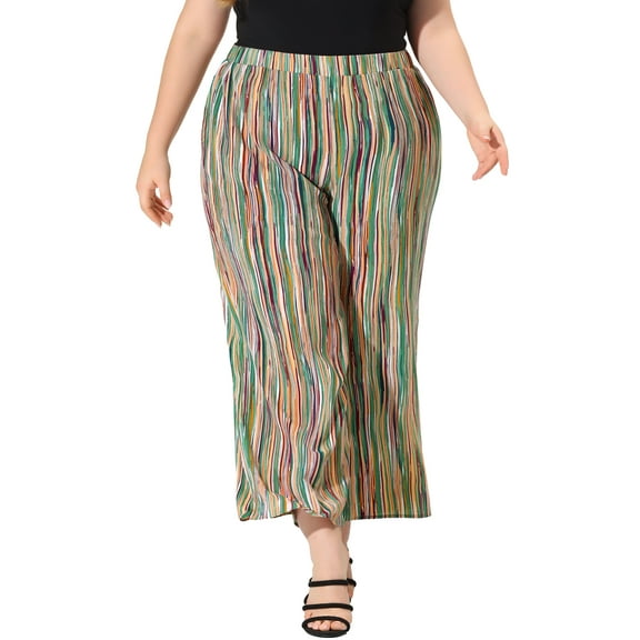 Agnes Orinda Women's Plus Size Palazzo Pants Stripe Boho Wide Leg Paper Bag Pant Beach Casual Summer Trousers 4X Green
