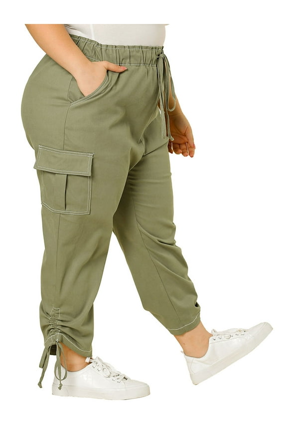 Women's Plus Size Pant Drawstring Elastic Waist Cargo Pants with Pockets 2X Army Green
