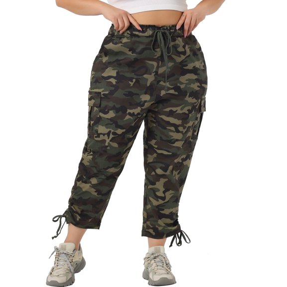 Agnes Orinda Women's Plus Size Pant Drawstring Elastic Waist Cargo Pants with Pockets 3X Camouflage
