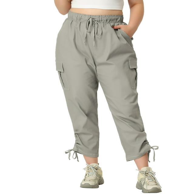 Agnes Orinda Women's Plus Size Pant Drawstring Elastic Waist Cargo Pants with Pockets 3X Gray