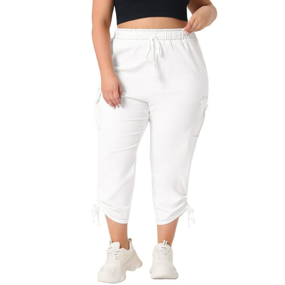 Agnes Orinda Women's Plus Size Pant Drawstring Elastic Waist Cargo Pants with Pockets 4X White